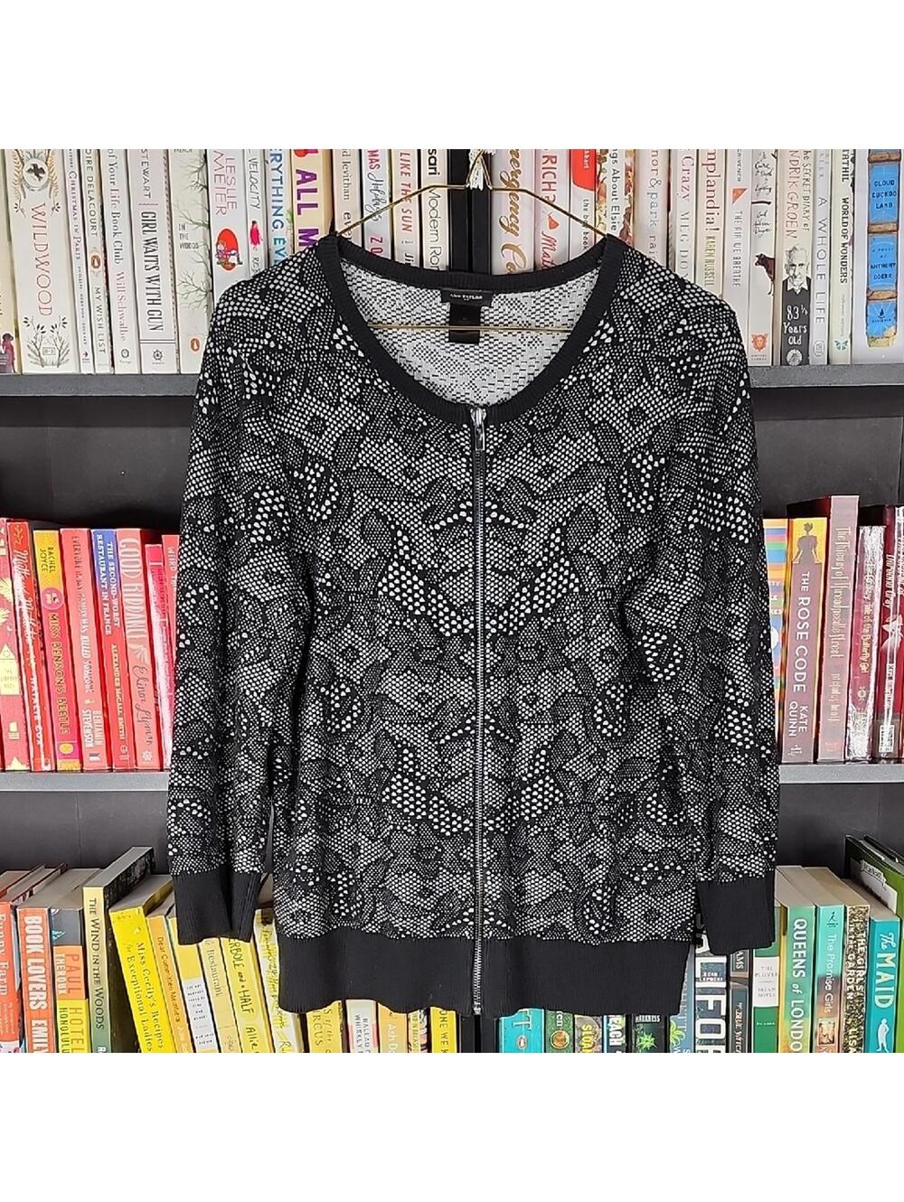 Ann Taylor Black Gray Zip Front Knit Cardigan Jacket Size M